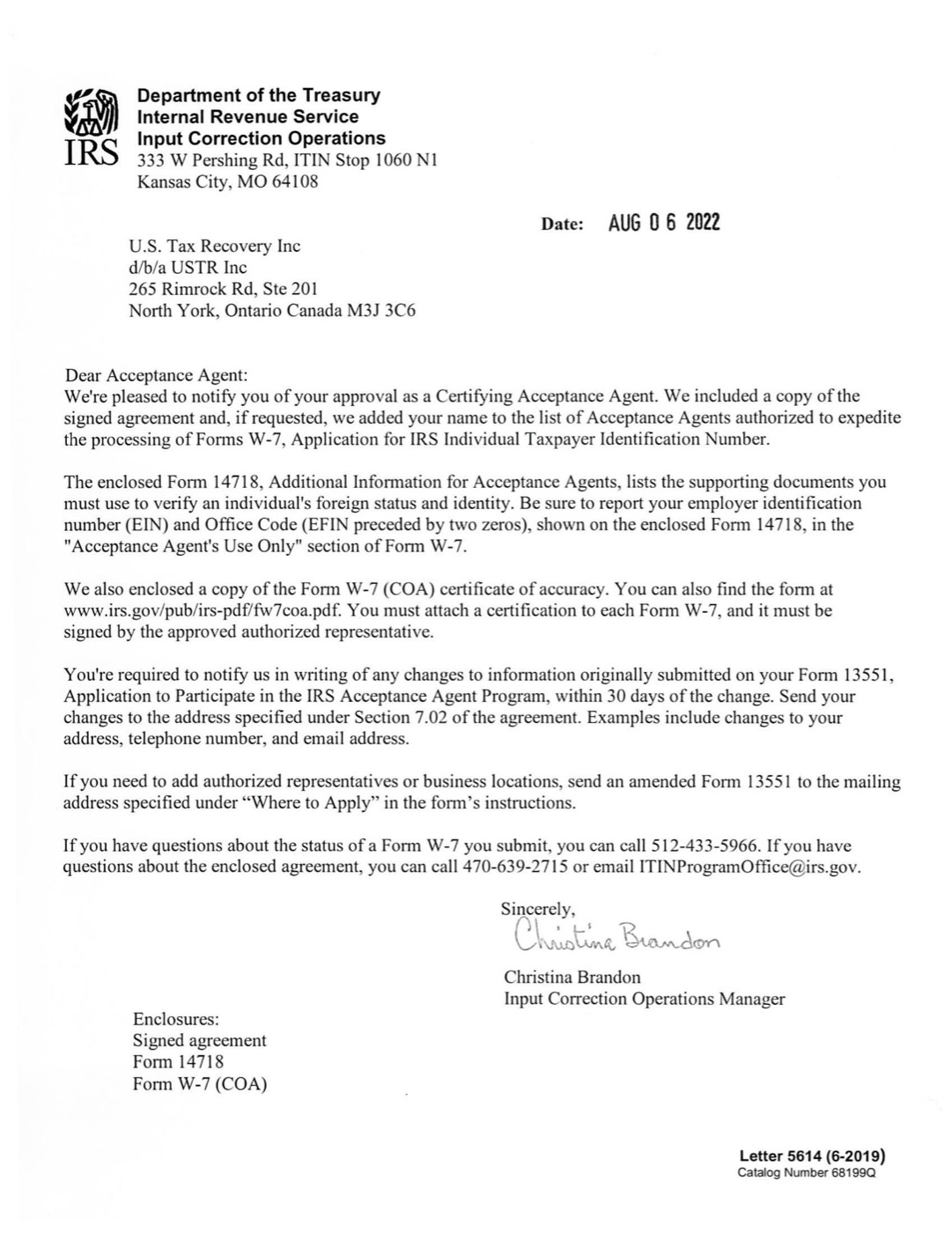 IRS letter approving U.S. Tax Recovery Inc. as a Certifying Acceptance Agent