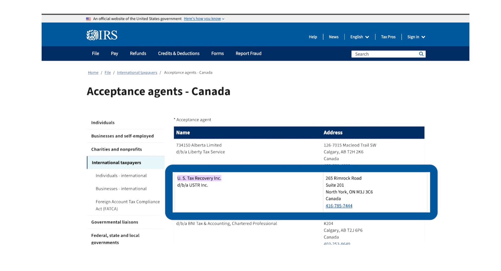 U.S. Tax Recovery Inc. listed on the IRS Acceptance Agents - Canada page